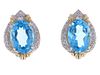 Estate Blue Topaz Diamond 14k Yellow Gold Earrings