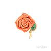 18kt Gold, Coral, and Diamond Rose Brooch