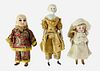 (3) small dolls. Includes 6" dollhouse parian shoulder head lady with molded and painted blonde hair and facial features, cloth body with parian lower