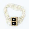 Beautiful 8 Strand Cultured Pearl, Onyx & Diamond Bracelet - 18K Gold