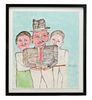 SL JONES, "THREE RED FACES" FOLK ART M/M ON PAPER