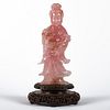 Chinese Rose Quartz Carving Guanyin w/ Lotus Blossom