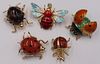 JEWELRY. (5) 18kt and 14kt Enamel Bug Brooches.