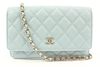 CHANEL 22P SEAFOAM BLUE QUILTED CAVIAR LEATHER WALLET ON CHAIN WOC