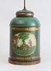 CHINESE EXPORT GREEN-GROUND TÔLE PEINTE TEA CANISTER, MOUNTED AS A LAMP