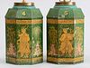 PAIR OF CHINESE EXPORT GREEN-GROUND OCTAGONAL TÔLE PEINTE TEA CANISTERS, MOUNTED AS LAMPS