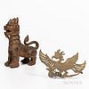 Carved Wood Guardian Lion and a Bronze Plaque of Garuda