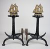 Pair of Cast Iron Anchor and Clipper Ship Figural Andirons
