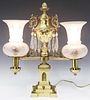 BRASS DOUBLE ARM ARGAND TWO-LIGHT TABLE LAMP