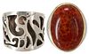(2) CARVED WOOD & MEXICAN STERLING SILVER RINGS