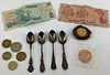 Sterling Silver Spoons, Foreign Currency + Assorted Coins & Tokens