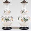 Pair of Painted Chinoiserie Glass Oil Lamps Mounted as Table Lamps