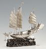 Large Chinese Export Silver Model of a Ship and Rowboat, Carved Stand Simulating Waves