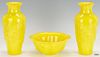 3 Peking Imperial Yellow Glass Items, incl. Bowl, Pr. Vases