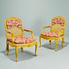 Pair Louis XV style yellow painted fauteuils