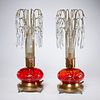 Pair vintage ruby glass luster spray lamps