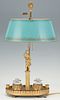 French Figural Bronze Inkwell Desk Lamp w/ Tole Shade