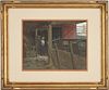 Henry Keller Watercolor & Gouache Painting, Man in Barn