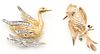 2 14K Gold & Gemstone Brooches, Hummingbird & Swan