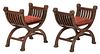 Pair of Continental Oak Curule Benches w/ Lion Mask Finials