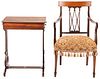 English Regency Sewing Table & Inlaid Armchair, 2 items