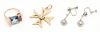 Three (3) Ladies Gold Jewelry Items: Ring, Cross Pendant, & Earrings