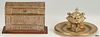 Gilt Bronze Inkwell w/ Underplate & Gilt Bronze Letter Box