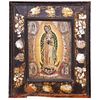 VIRGEN DE GUADALUPE CON APARICIONES MÉXICO, SIGLO XVIII Óleo sobre lámina marco enconchado Tela: 24 x 18 cm  Marco: 39 x 33 cm