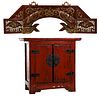 Chinese Red Lacquered Cabinet and Wall Plaque