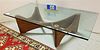MID CENTURY DOVETAILED WALNUT BASE GLASS TOP TABLES 16"H X 4'W X 30"D