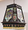 GOTHIC STYLE OCTOGONAL METAL FRAMED CHANDELIER W/ LEADED GLASS PANELS 28"H X 22"