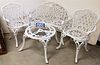 4 PC CAST IRON GARDEN SET BENCH 3'5"L, 2 ARMCHAIRS AND SIDE TABLE 17"H X 24" DIAM