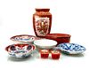 Chinese Vintage Porcelain Cricket Box; Plates and Vase