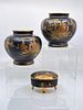 3 Japanese Vintage Gold on Black Satsuma Vases and Powder Container