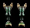 Pair of Large Dore Bronze & Green Crystal Vases