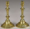 Pair of French engraved brass candlesticks, 18th c