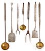 Seven wrought iron and brass utensils, 19th c.