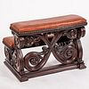 Carved Wood and Faux Leather Bed Step