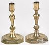 Pair of engraved brass Huguenot candlesticks