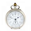 An open face chronograph pocket watch. White metal case, stamped 0,800 with poincon. Unsigned keyles