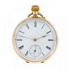 An open face pocket watch. Yellow metal case, stamped 14K with poincon. Unsigned keyless wind Swiss