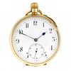 An open face pocket watch. Yellow metal case, stamped 18K. Number 177311. Unsigned keyless wind thre