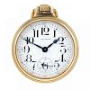 An open face railway grade pocket watch by Waltham. Gold plated case, numbered 9647700. Signed keyle