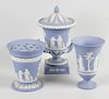 A group of Wedgwood blue jasperware, comprising two figurines, Leda and the Swan and Terpsichore (a/