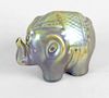 A small Zsolnay Pecs Eosin lustre elephant. Modelled in standing pose with trunk raised, 3.75 long x