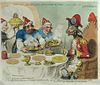 Six coloured satirical cartoons Dumourier dining in State at St James's, on the 15th of May 1793, et