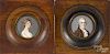 Pair of miniature watercolor portraits, early 20th c., of a man and woman, initialed FL