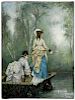 French oil on canvas of two women in a boat, 19th c., 23 1/2'' x 17 1/4''.