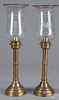 Pair of brass candleholders, late 19th c., with etched glass shades, 19 1/4'' h.