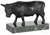 Patinated bronze bull, early 20th c., 6 1/2'' h., 13'' w.